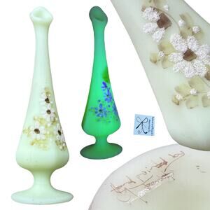 Fenton Signed Handpainted Floral Satin Glowing Custard Glass Bud Vase